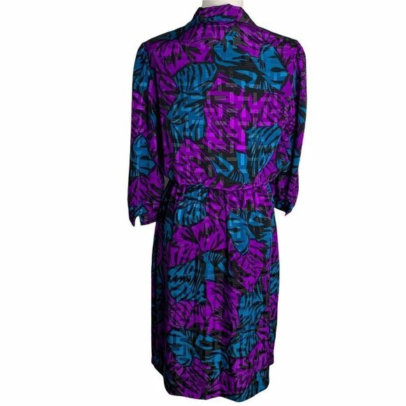 Vintage Midi Button Up Shirt Dress Purple Teal M - Picture 4 of 6